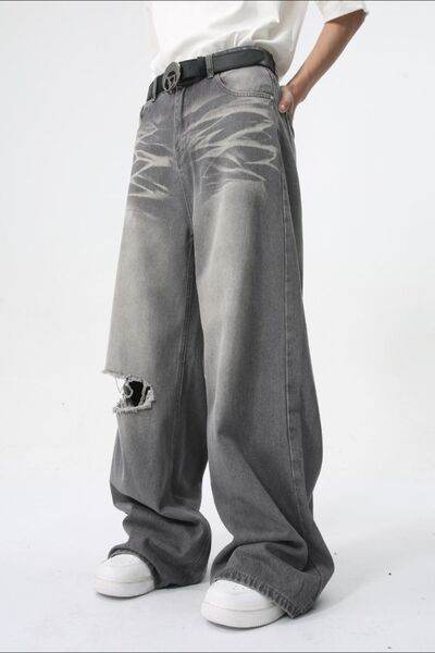 Distressed Wide Leg Jeans with Pockets - Hovatok