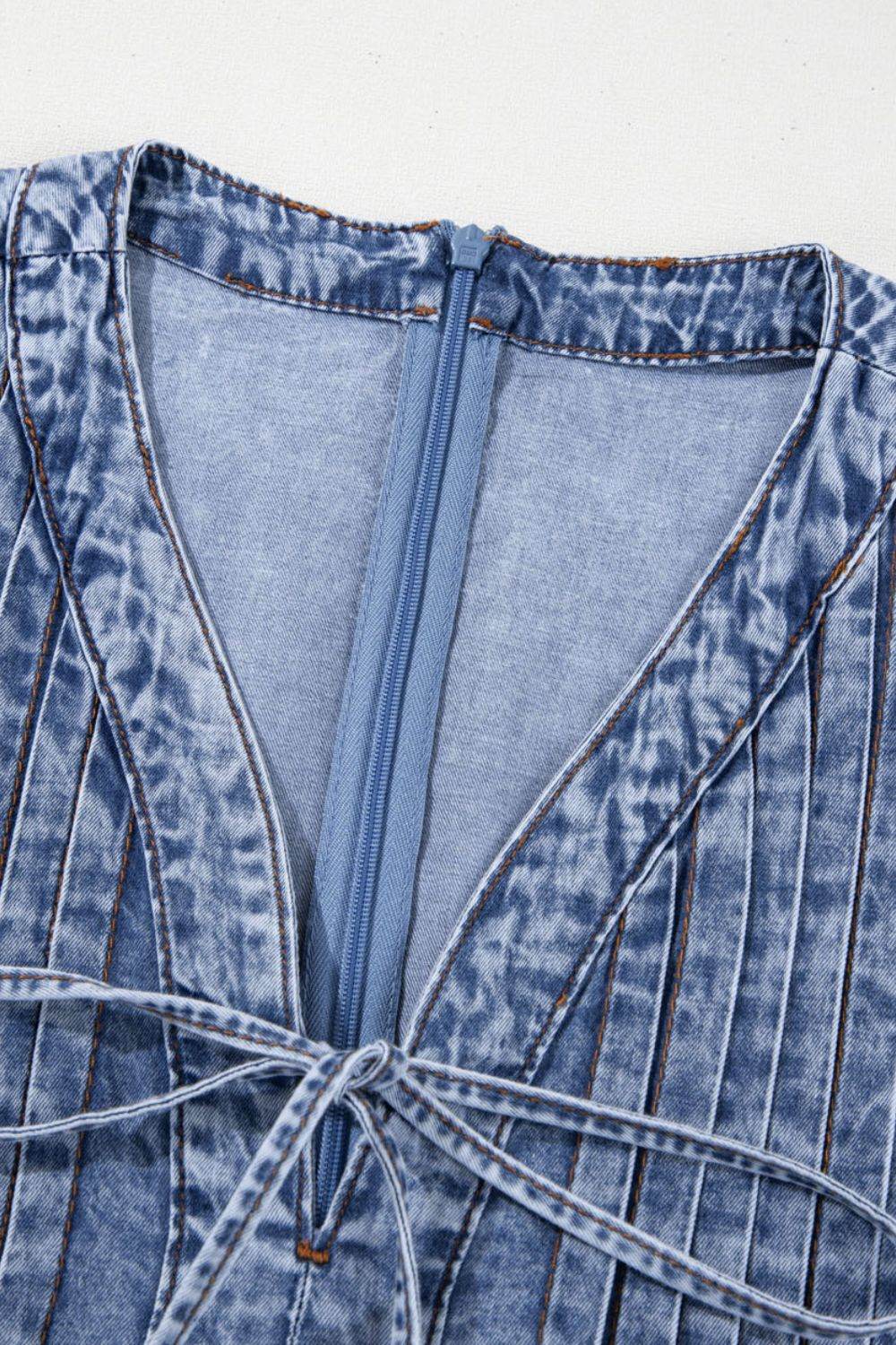 Tie V Neck Tucking Detail Short Sleeve Denim Dress - Hovatok