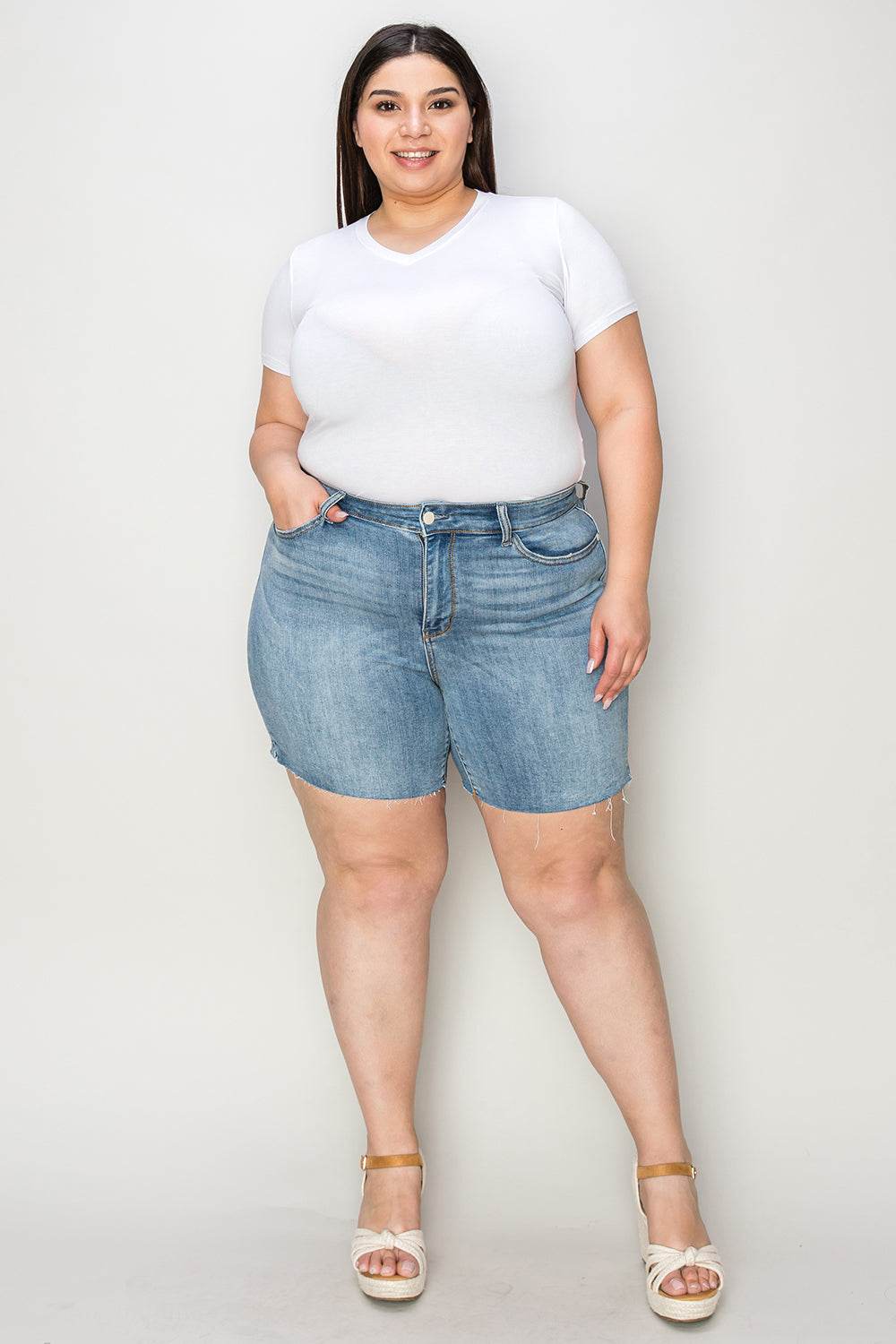 Judy Blue Full Size High Waist Raw Hem Denim Shorts - Hovatok