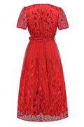 Sequin Leaf Embroidery Tie Front Short Sleeve Dress - Hovatok