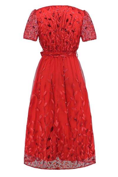 Sequin Leaf Embroidery Tie Front Short Sleeve Dress - Hovatok