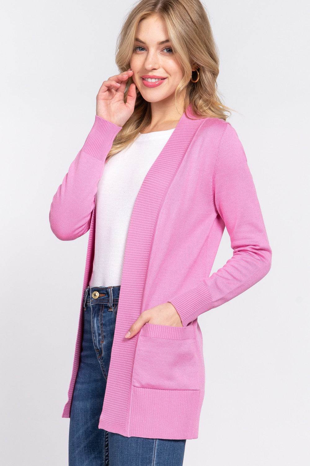 ACTIVE BASIC Ribbed Trim Open Front Cardigan - Hovatok
