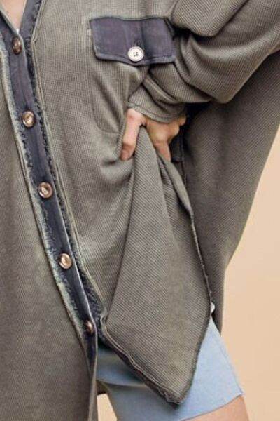 Annie Wear Waffle-Knit Mineral Washed Button Down Shirt - Hovatok