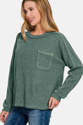 Zenana Full Size Contrast Stitching Brushed Ribbed Hacci Knit Top - Hovatok