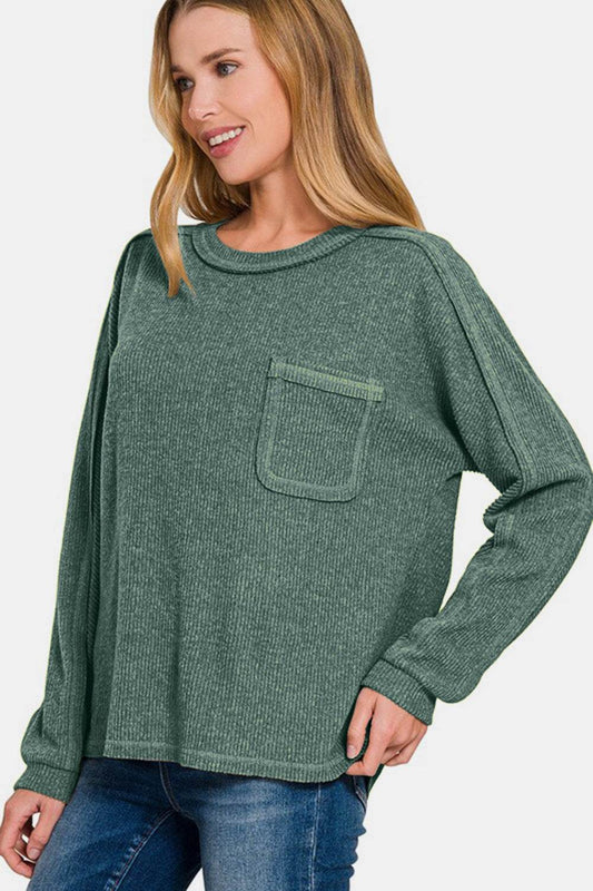 Zenana Full Size Contrast Stitching Brushed Ribbed Hacci Knit Top - Hovatok