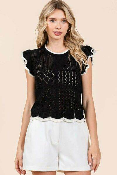 Mittoshop Openwork Contrast Trim Ruffled Cap Sleeve Knit Top - Hovatok