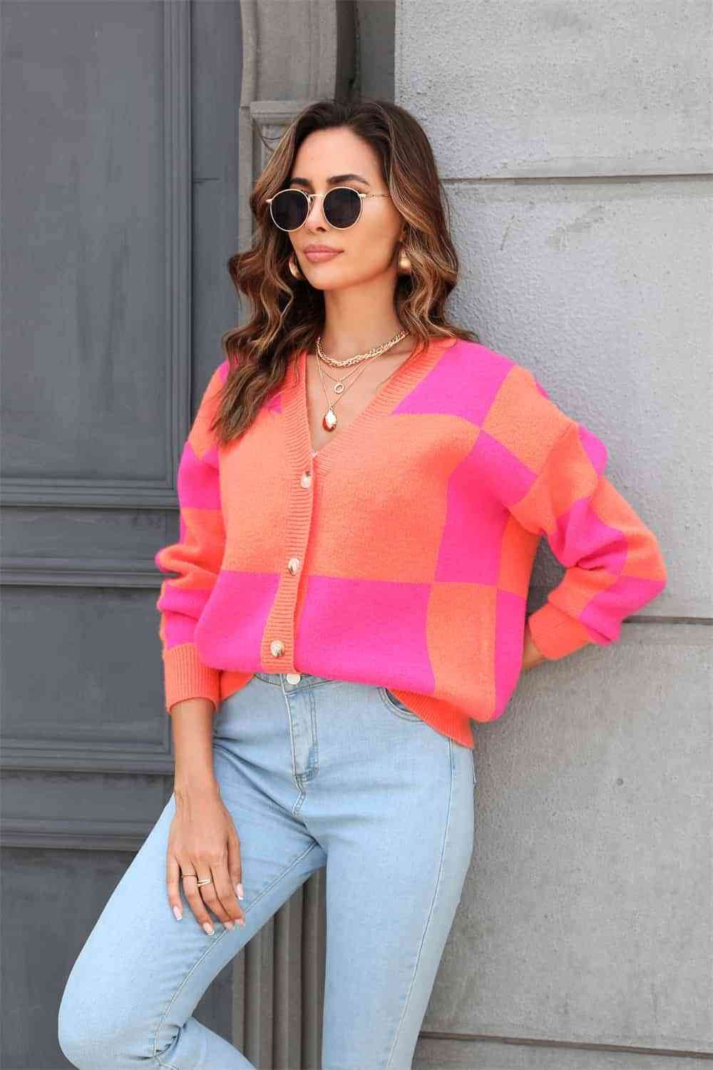 Angel Wings Plaid V-Neck Dropped Shoulder Cardigan - Hovatok