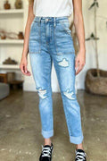 Judy Blue Full Size Distressed Straight Jeans with Patch Pockets - Hovatok