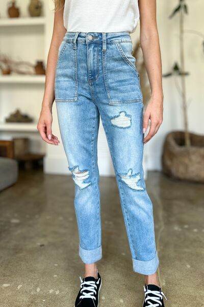 Judy Blue Full Size Distressed Straight Jeans with Patch Pockets - Hovatok