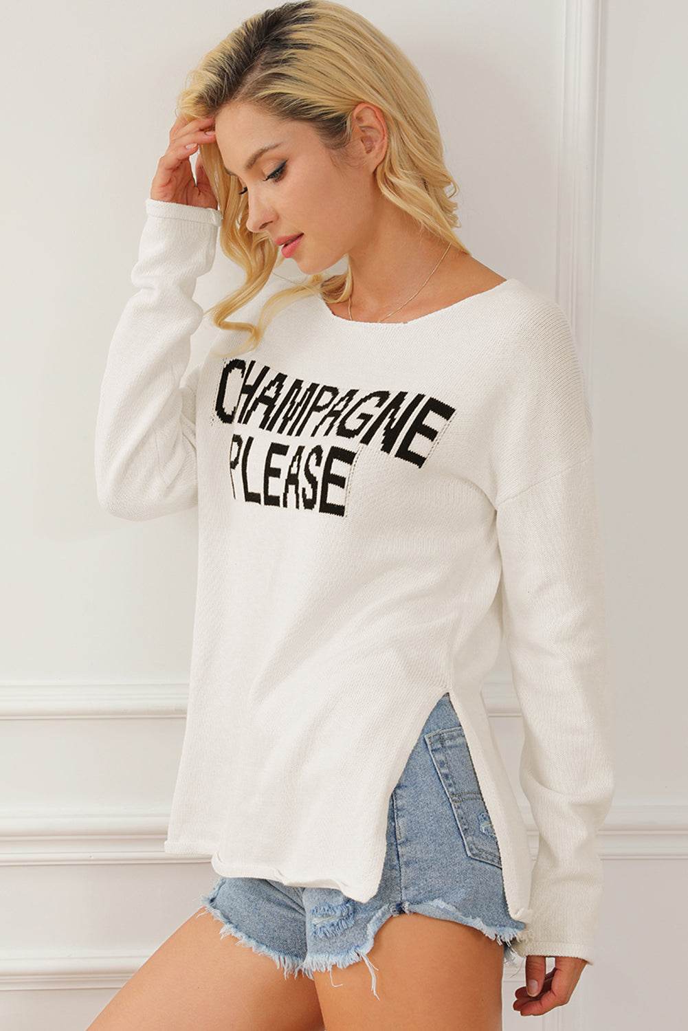 CHAMPAGNE PLEASE Long Sleeve Slit Sweater - Hovatok