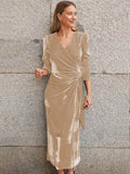 Surplice Puff Sleeve Midi Dress - Hovatok