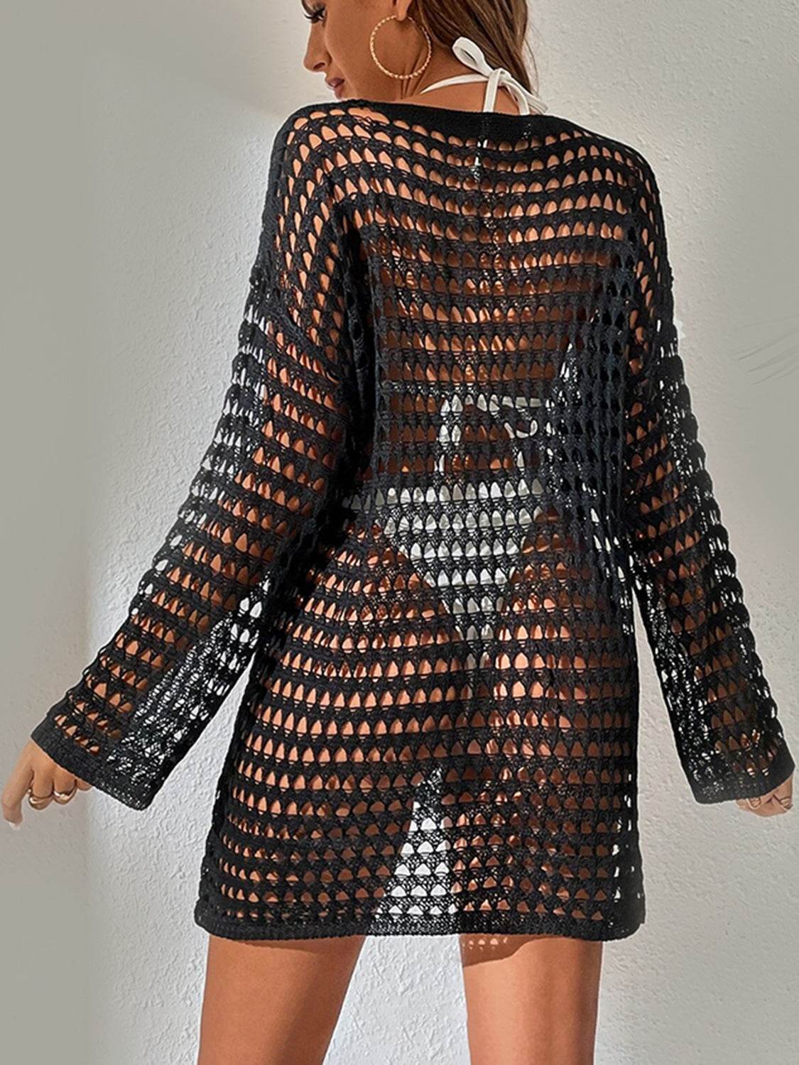 Openwork Boat Neck Long Sleeve Cover-Up - Hovatok