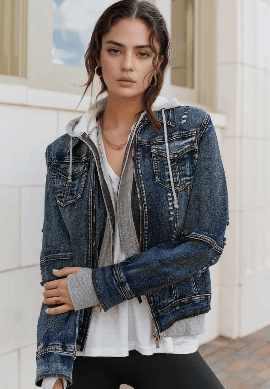 Fake Two-Piece Hooded Zip-Up Denim Jacket - Hovatok