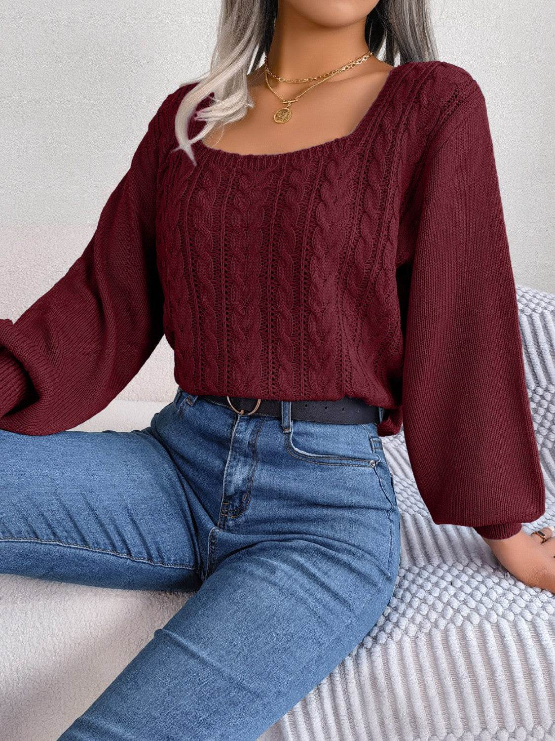 Cable-Knit Square Neck Long Sleeve Sweater - Hovatok