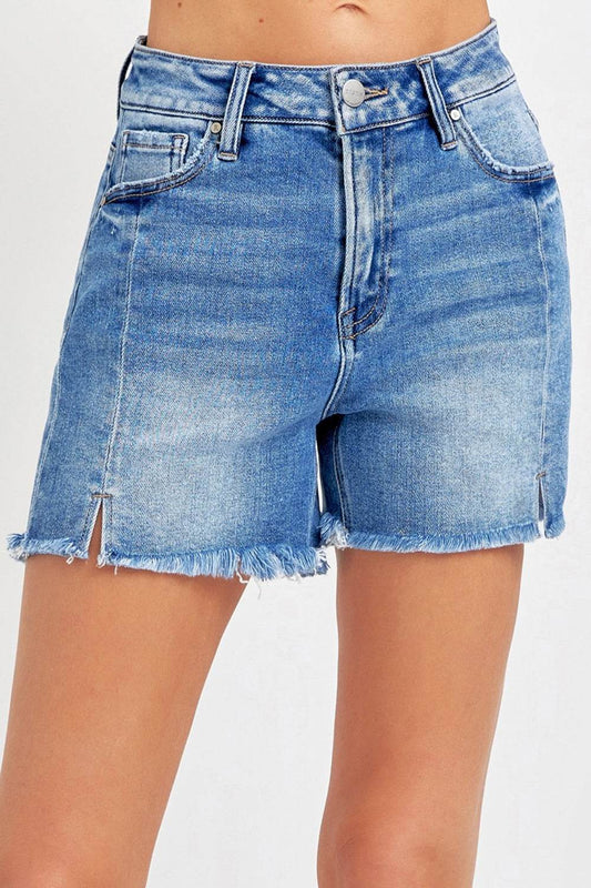 RISEN Front Slit Raw Hem Denim Shorts - Hovatok