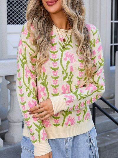 Angel Wings Flower Round Neck Long Sleeve Sweater - Hovatok