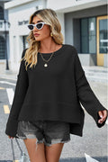 High-Low Slit Round Neck Long Sleeve Sweater - Hovatok