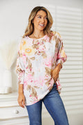 Double Take Floral Round Neck Three-Quarter Sleeve Top - Hovatok