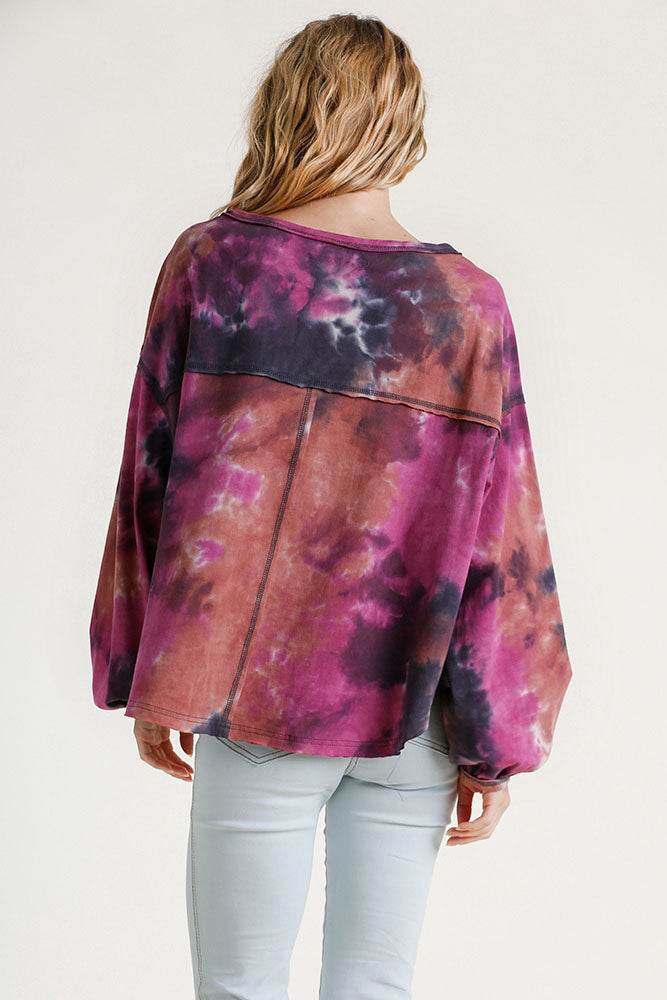 Umgee Full Size Tie Dye Round Neck Long Balloon Sleeve Top Plus Size - Hovatok
