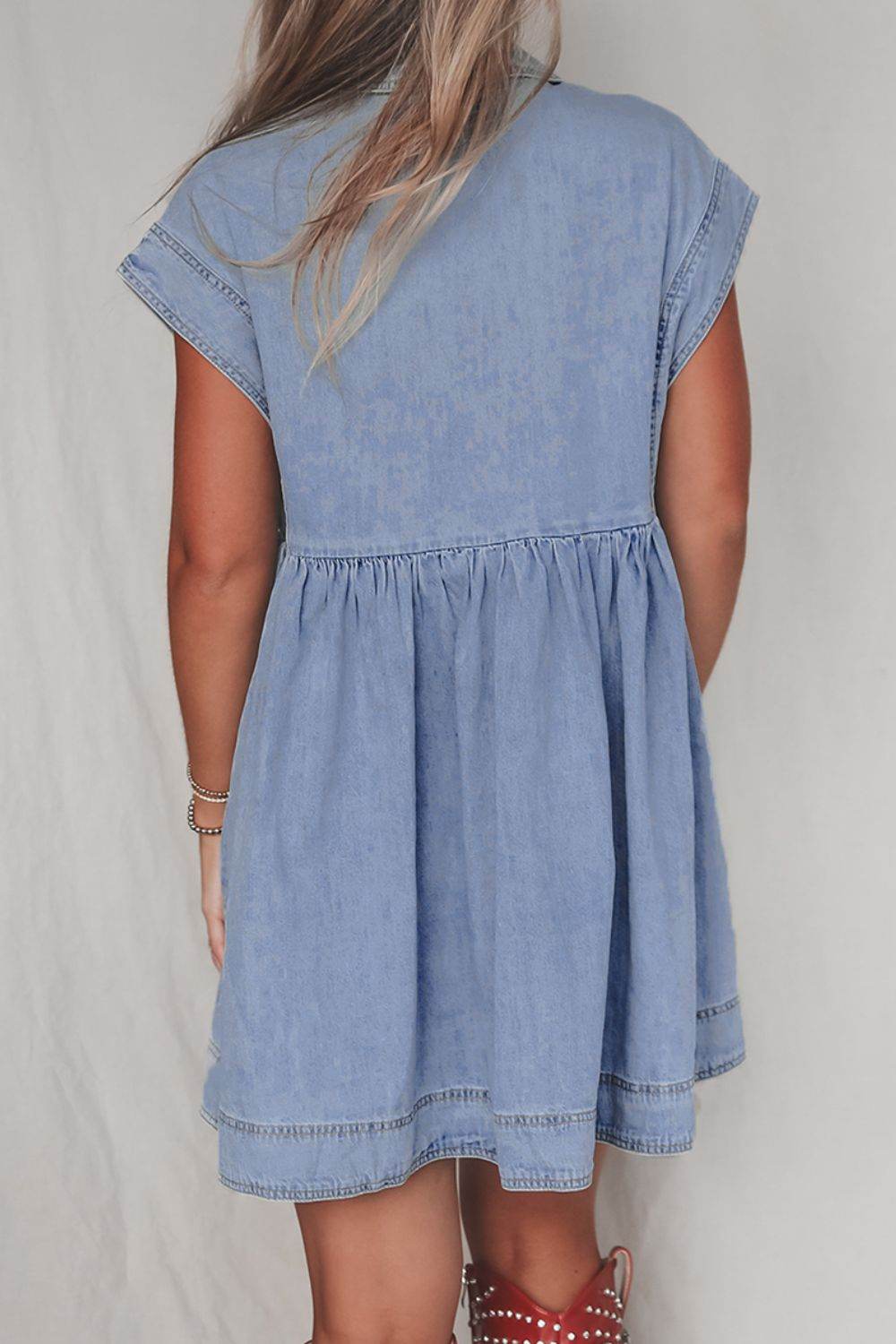 Lapel Neck Cap Sleeve Denim Babydoll Dress - Hovatok