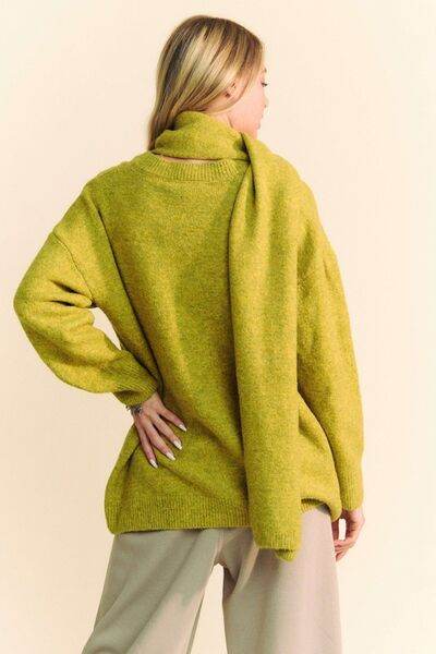 Davi & Dani V-Neck Dropped Shoulder Sweater with Scarf - Hovatok