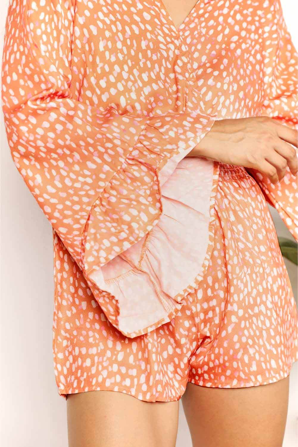 Double Take Printed Flare Sleeve Surplice Romper - Hovatok