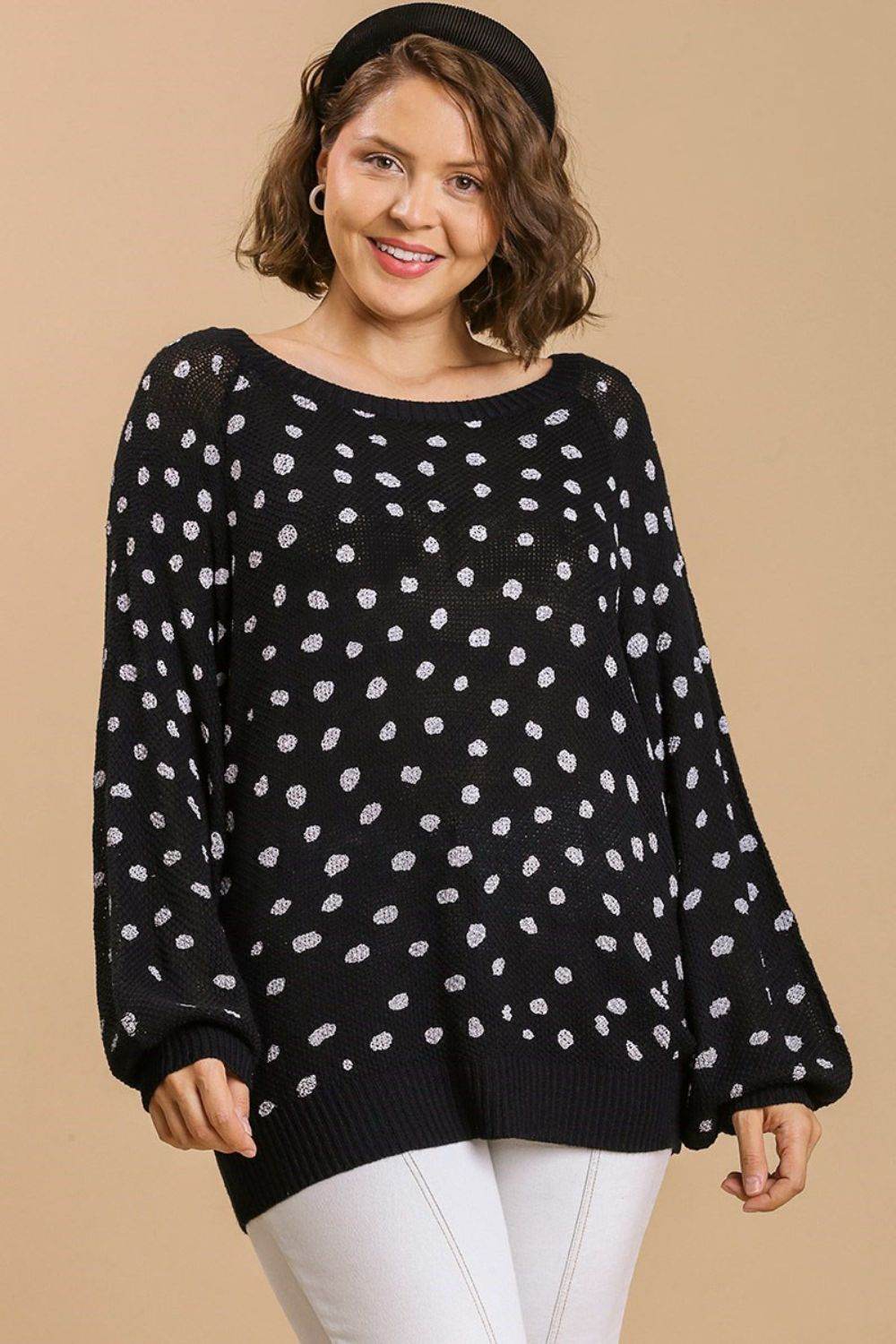 Umgee Full Size Dalmatian Hand Stamped Round Neck Sweater Plus Size - Hovatok
