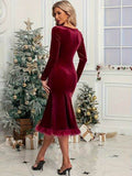 Plush Hem Square Neck Long Sleeve Dress - Hovatok