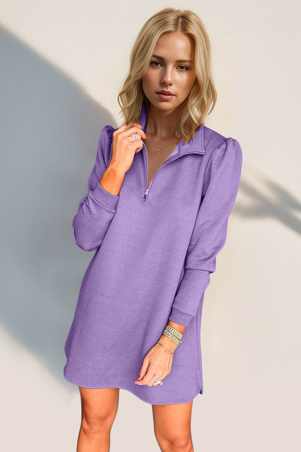 Double Take Textured Quarter Zip Long Sleeve Dress - Hovatok