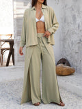 Devine Button Down Long Sleeve Top and Wide Leg Pants Set - Hovatok