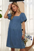 ADORA Square Neck Puff Sleeve Denim Dress - Hovatok