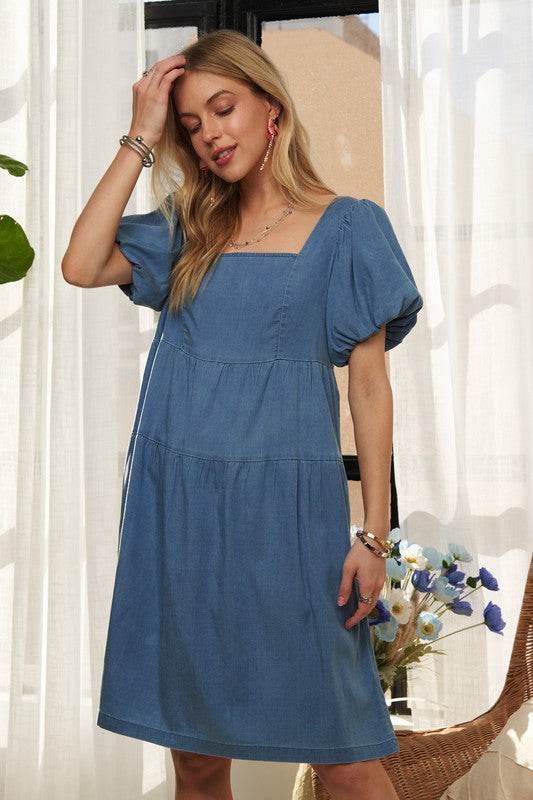 ADORA Square Neck Puff Sleeve Denim Dress - Hovatok