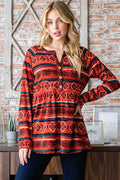 Heimish Full Size Geometric Button Detail Long Sleeve Babydoll Top - Hovatok