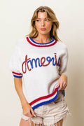 BiBi Metallic America Letter Short Sleeve Sweater - Hovatok
