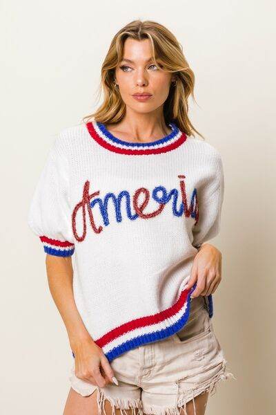 BiBi Metallic America Letter Short Sleeve Sweater - Hovatok