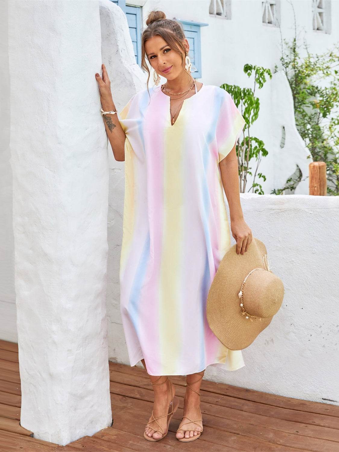 Slit Striped Notched Short Sleeve Cover Up - Hovatok