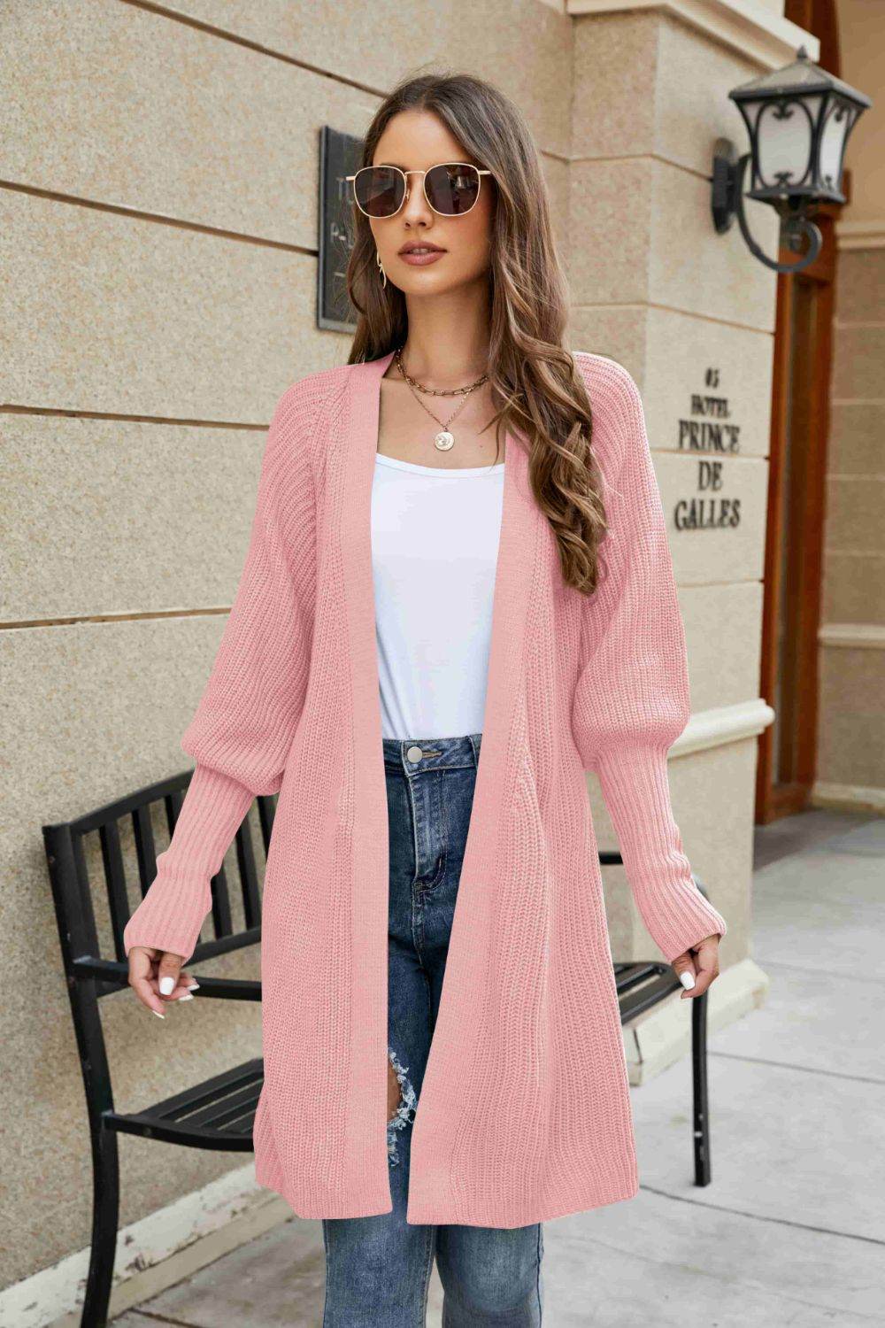 Open Front Lantern Sleeve Cardigan - Hovatok