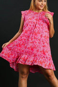 Umgee Full Size Smocked Detail Floral Metallic Ruffle Cap Sleeve Dress Plus Size - Hovatok