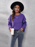 Ruffled Round Neck Dropped Shoulder Sweater - Hovatok
