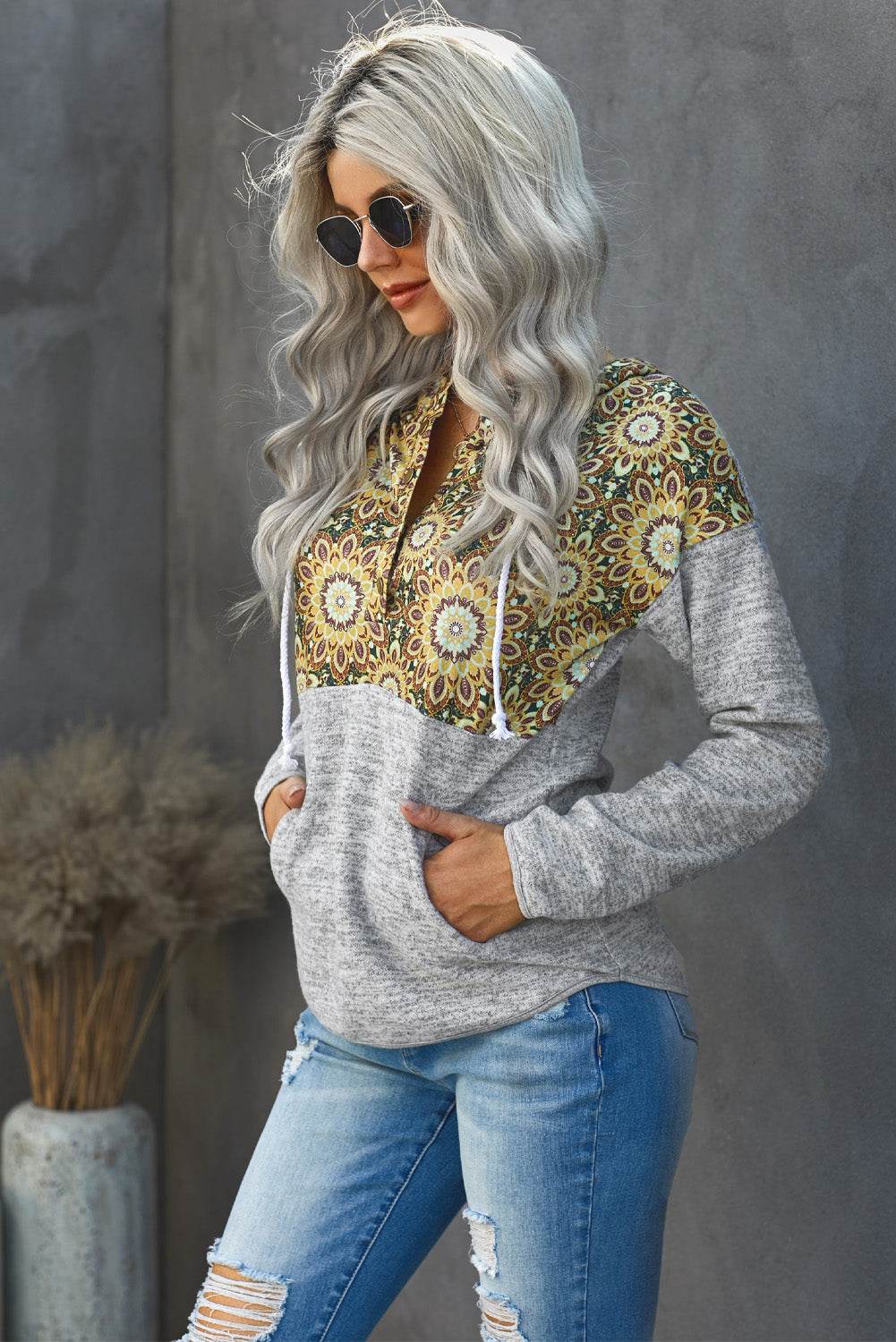 Floral Drawstring Half Snap Hoodie - Hovatok