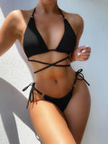 Textured Halter Neck Tie Side Bikini Set - Hovatok