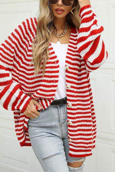Angel Wings Striped Button Up Long Sleeve Cardigan - Hovatok