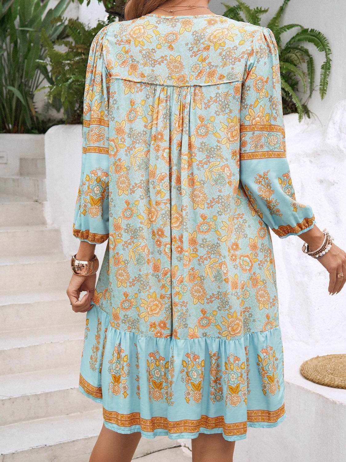 Devine Tassel Floral Tie Neck Mini Dress - Hovatok