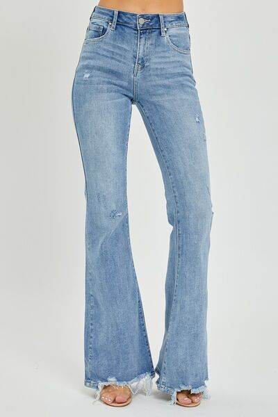 Risen Full Size High Rise Frayed Hem Flare Jeans - Hovatok