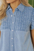 Smocked Collared Neck Cap Sleeve Denim Dress - Hovatok
