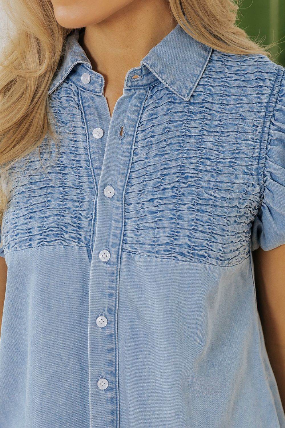 Smocked Collared Neck Cap Sleeve Denim Dress - Hovatok
