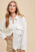 Annie Wear Openwork Button Down Drop Shoulder Shirt - Hovatok
