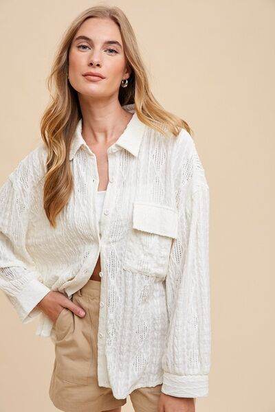 Annie Wear Openwork Button Down Drop Shoulder Shirt - Hovatok