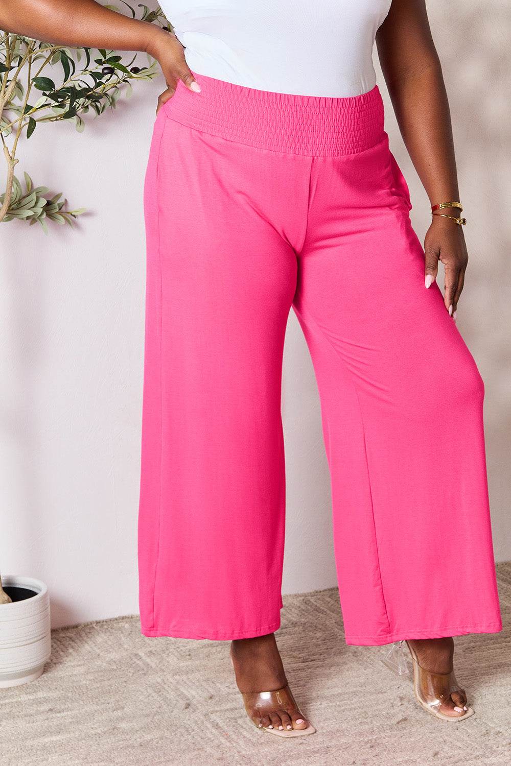 Basic Bae Full Size Smocked Wide Waistband Wide Leg Pants - Hovatok