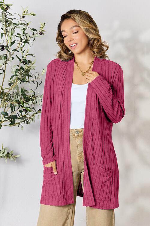 Basic Bae Full Size Ribbed Open Front Cardigan with Pockets - Hovatok